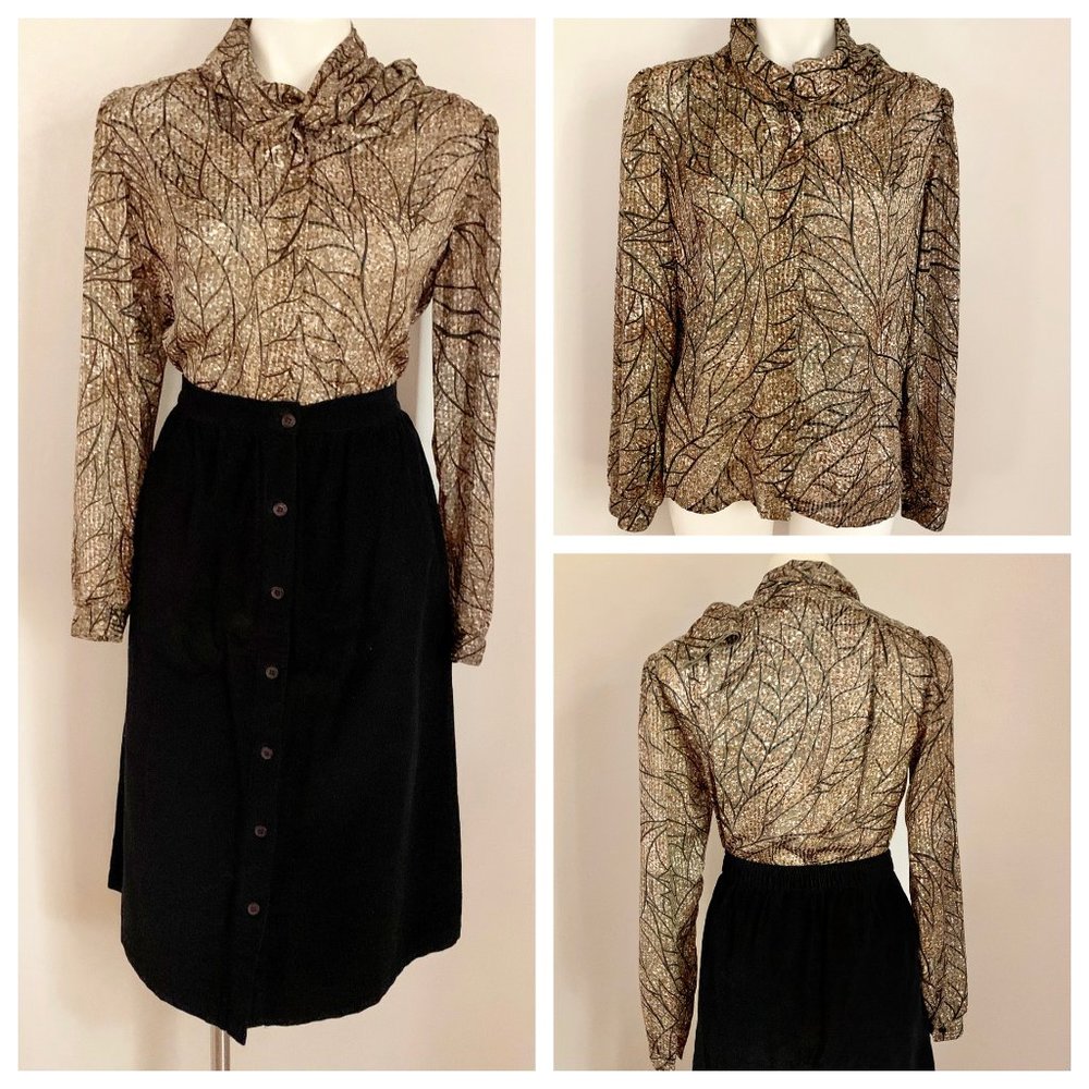 Vintage Leaf Print Scarf Neck Button Up Boho Top